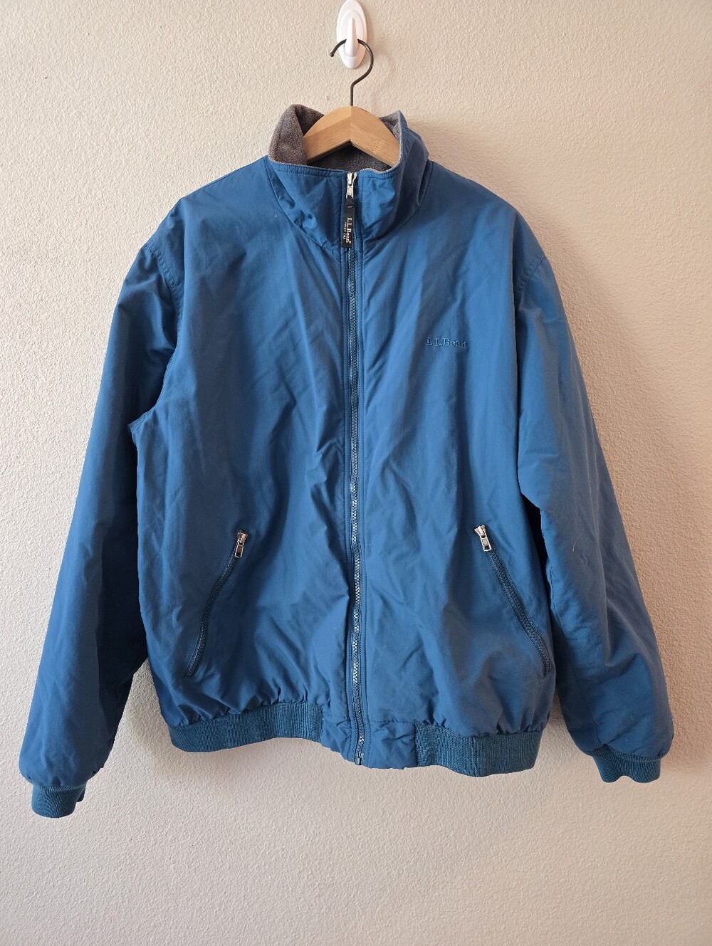 LL Bean Jacket Mens XL Regular Fleece Lined Nylon Zip Up Bomber Coat Blue
